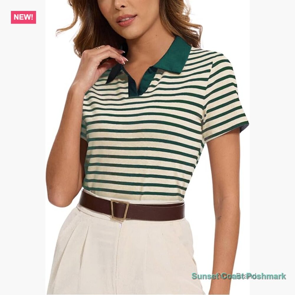 Cotton Blend Polo Shirt Short Sleeve Athletic V-Neck Top